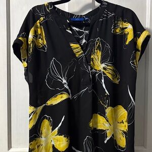 Alfani Black Blouse with Vibrant Yellow Floral Pattern
